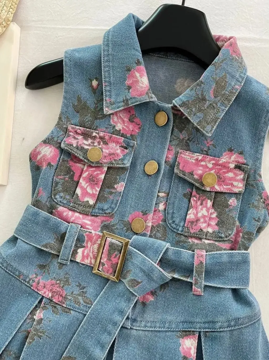 Girls' Sleeveless Denim Dress with Pink Floral Print and Belt — endless ways to style it
