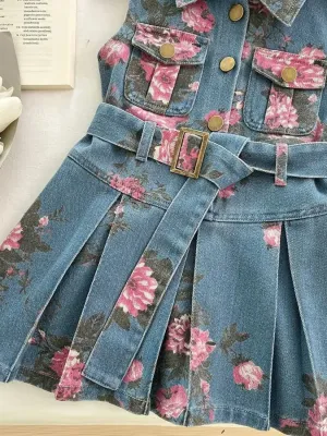 Girls' Sleeveless Denim Dress with Pink Floral Print and Belt — view 5