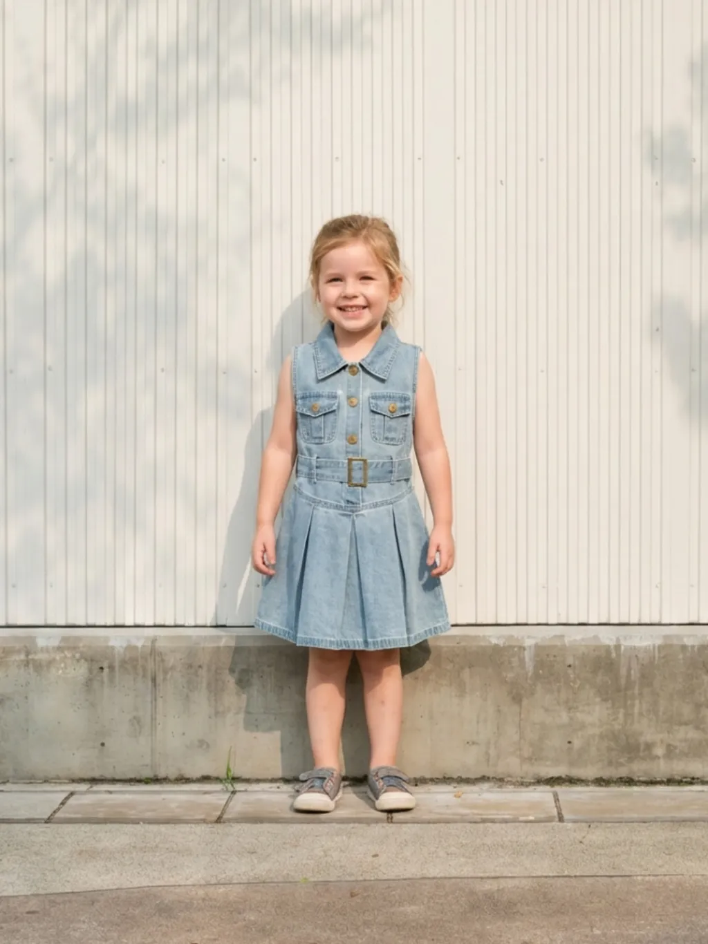 Girls' Sleeveless Denim Dress with Shirt Collar