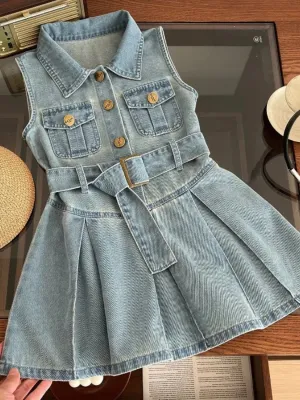 Girls' Sleeveless Denim Dress with Shirt Collar — view 2