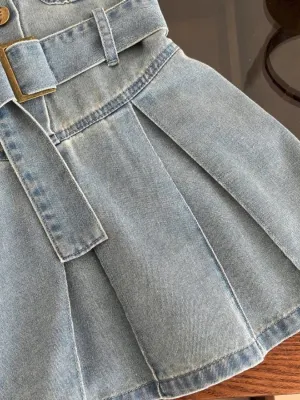 Girls' Sleeveless Denim Dress with Shirt Collar — view 3