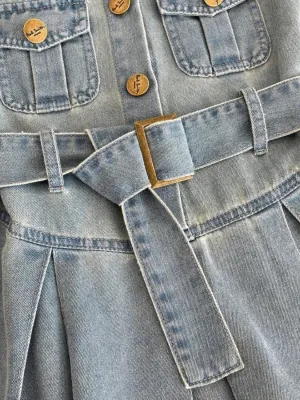 Girls' Sleeveless Denim Dress with Shirt Collar — view 5