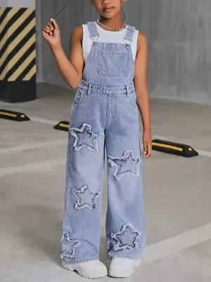 Girls' Denim Dungarees with Star Patches — view 2