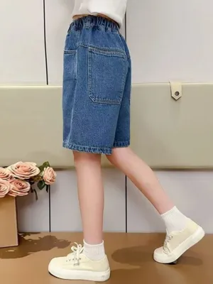 Girls' Straight-Leg Denim Bermuda Shorts with Elasticated Waist — view 2