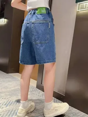 Girls' Straight-Leg Denim Bermuda Shorts with Elasticated Waist — view 3