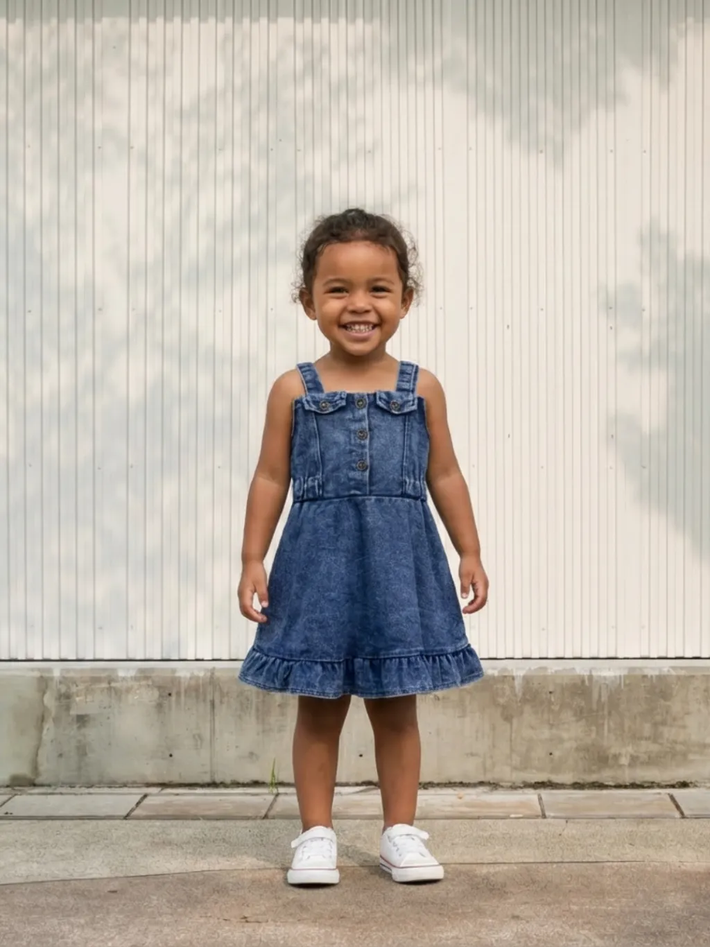Girls' Denim Dress with Thin Straps and Ruffles