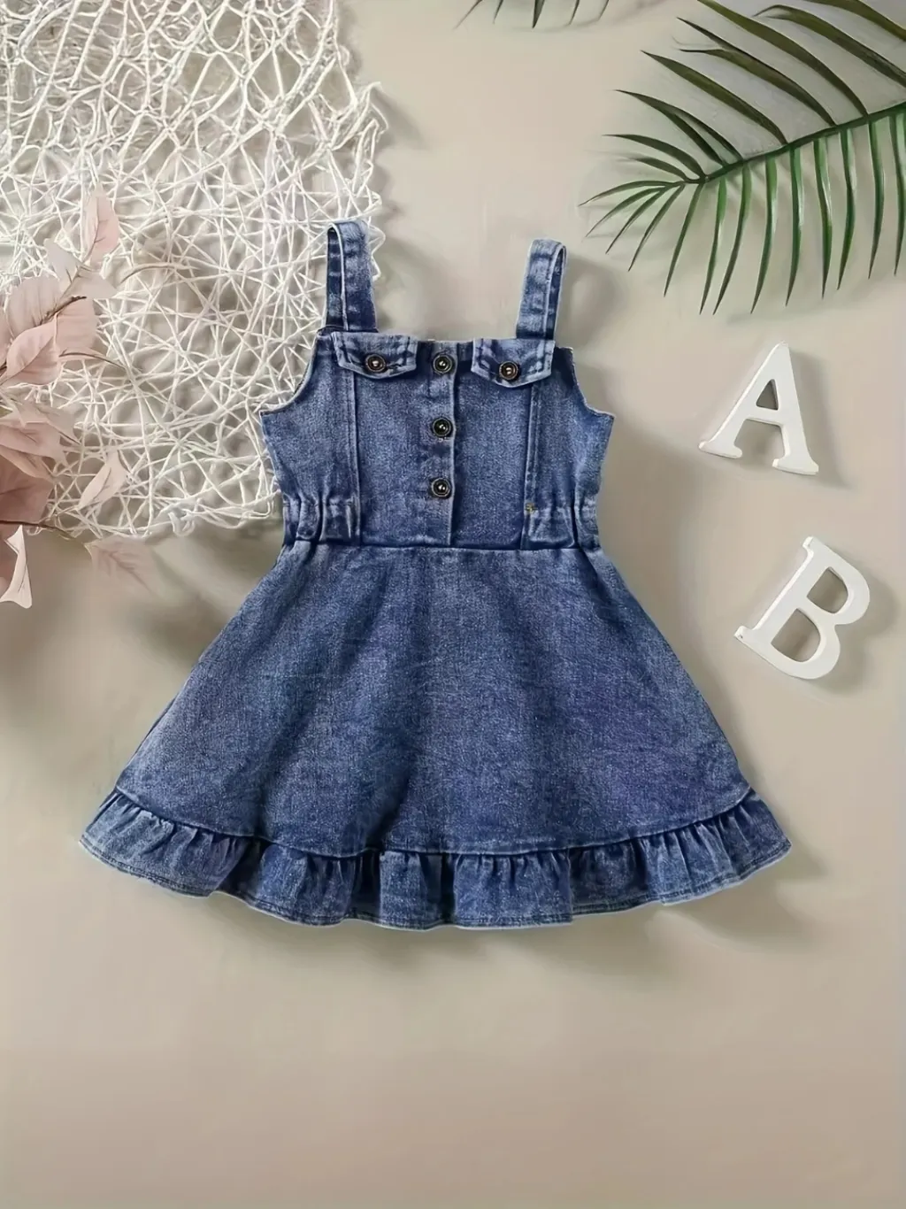 Girls' Denim Dress with Thin Straps and Ruffles — a pair designed to be worn everywhere