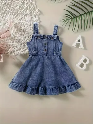 Girls' Denim Dress with Thin Straps and Ruffles — view 2