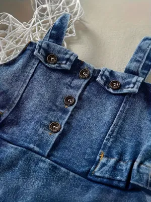 Girls' Denim Dress with Thin Straps and Ruffles — view 3