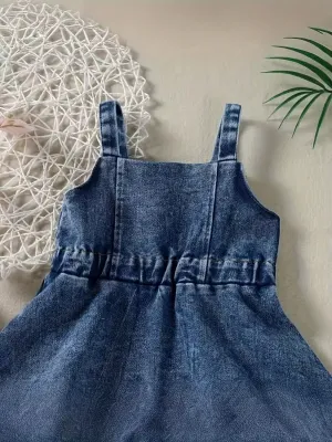 Girls' Denim Dress with Thin Straps and Ruffles — view 4
