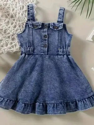 Girls' Denim Dress with Thin Straps and Ruffles — view 5