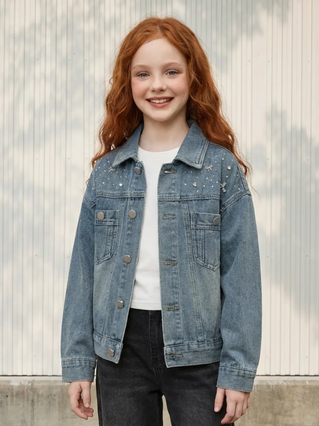 Girls' Vintage Blue Denim Jacket with Rhinestones