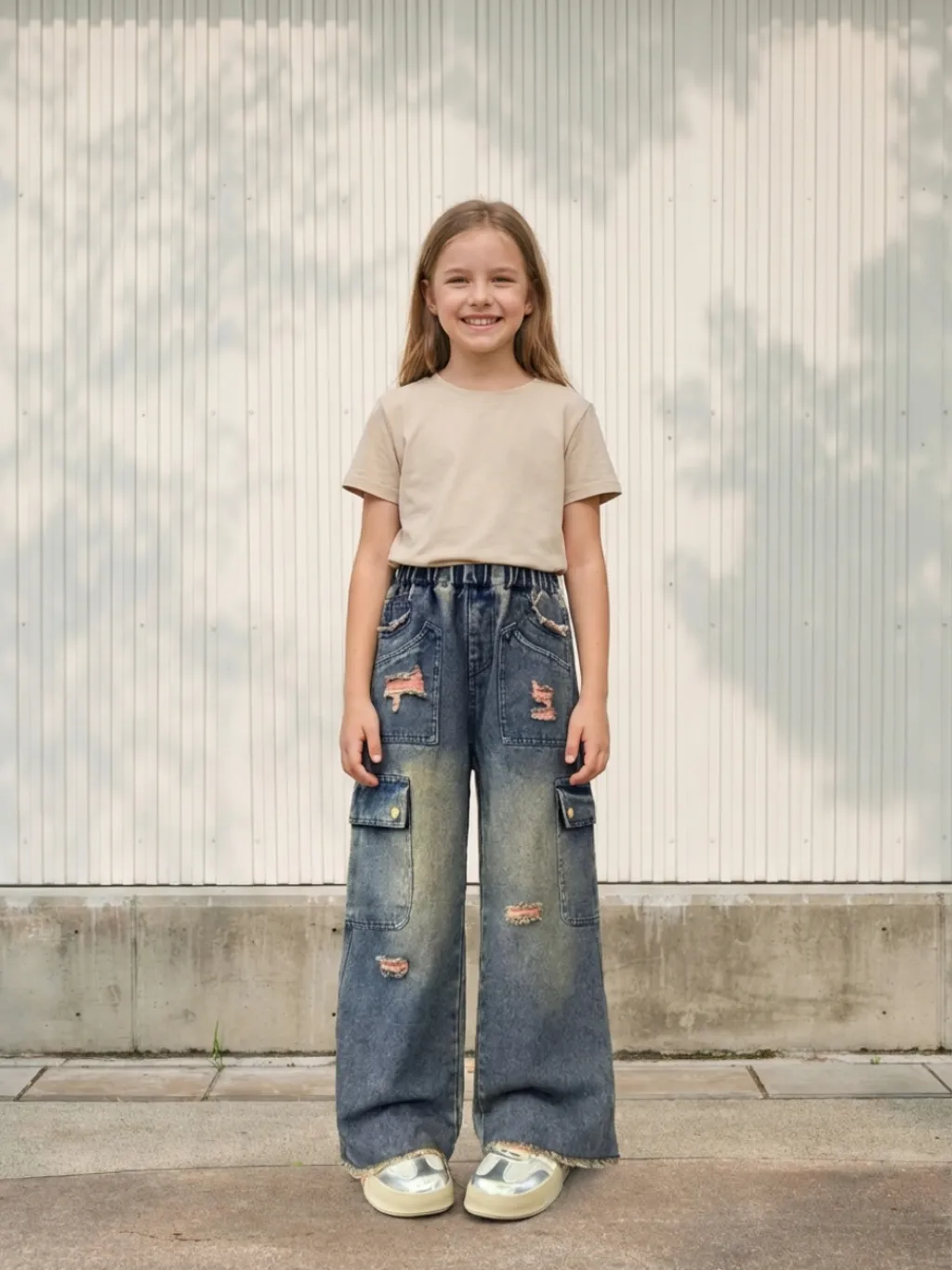Girls' Washed Blue Distressed Cargo Jeans in Pink