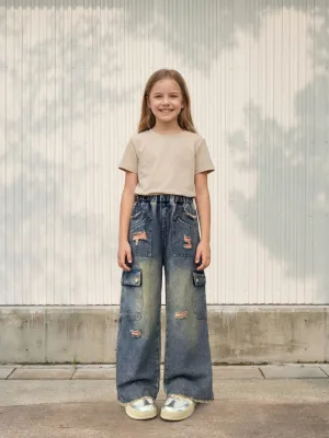 Girls' Washed Blue Distressed Cargo Jeans in Pink — view 1