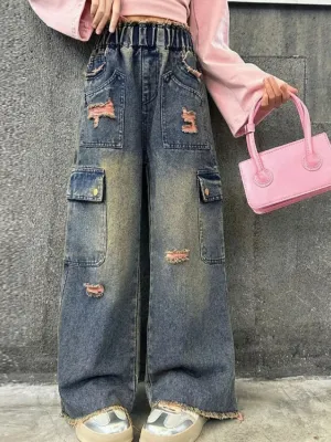 Girls' Washed Blue Distressed Cargo Jeans in Pink — view 3