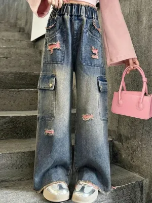 Girls' Washed Blue Distressed Cargo Jeans in Pink — view 4