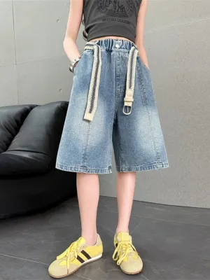 Girls' Washed Blue Relaxed-Fit Denim Bermuda Shorts — view 2