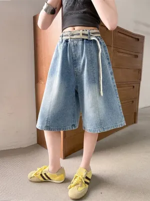 Girls' Washed Blue Relaxed-Fit Denim Bermuda Shorts — view 3