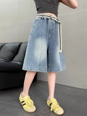 Girls' Washed Blue Relaxed-Fit Denim Bermuda Shorts — view 5