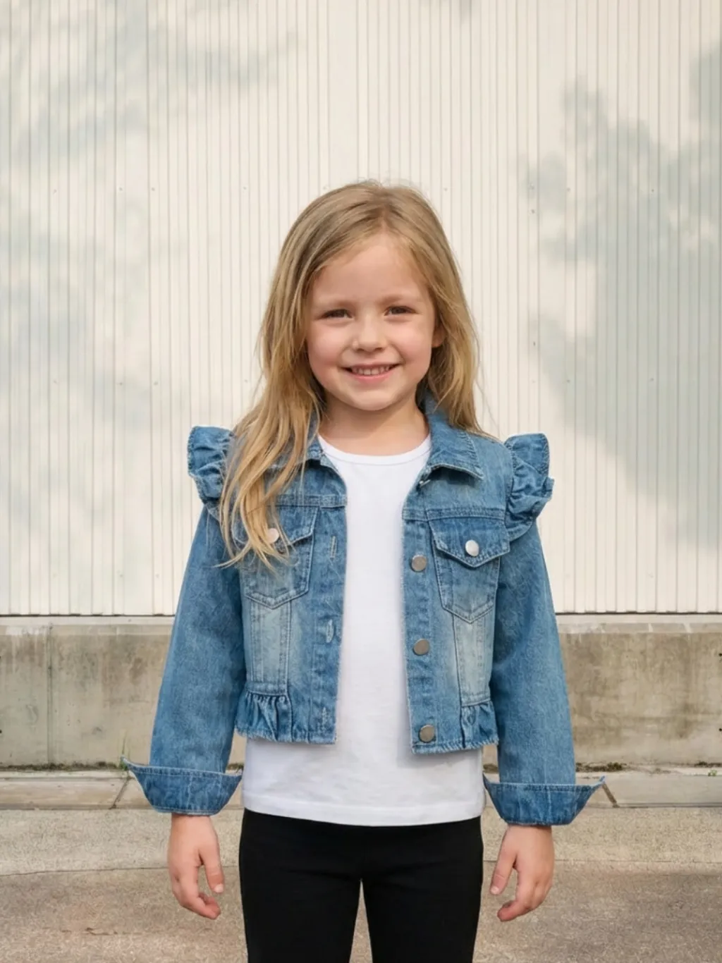 Girls' Washed Blue Denim Jacket with Ruffle Sleeves