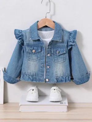 Girls' Washed Blue Denim Jacket with Ruffle Sleeves — view 2