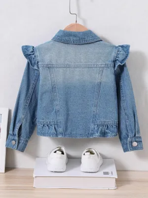 Girls' Washed Blue Denim Jacket with Ruffle Sleeves — view 3