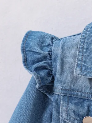 Girls' Washed Blue Denim Jacket with Ruffle Sleeves — view 5