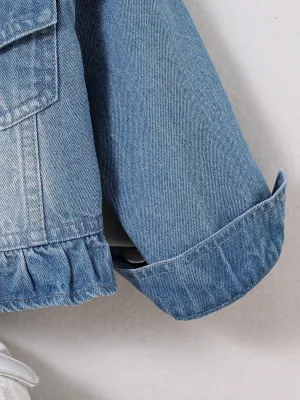 Girls' Washed Blue Denim Jacket with Ruffle Sleeves — view 6