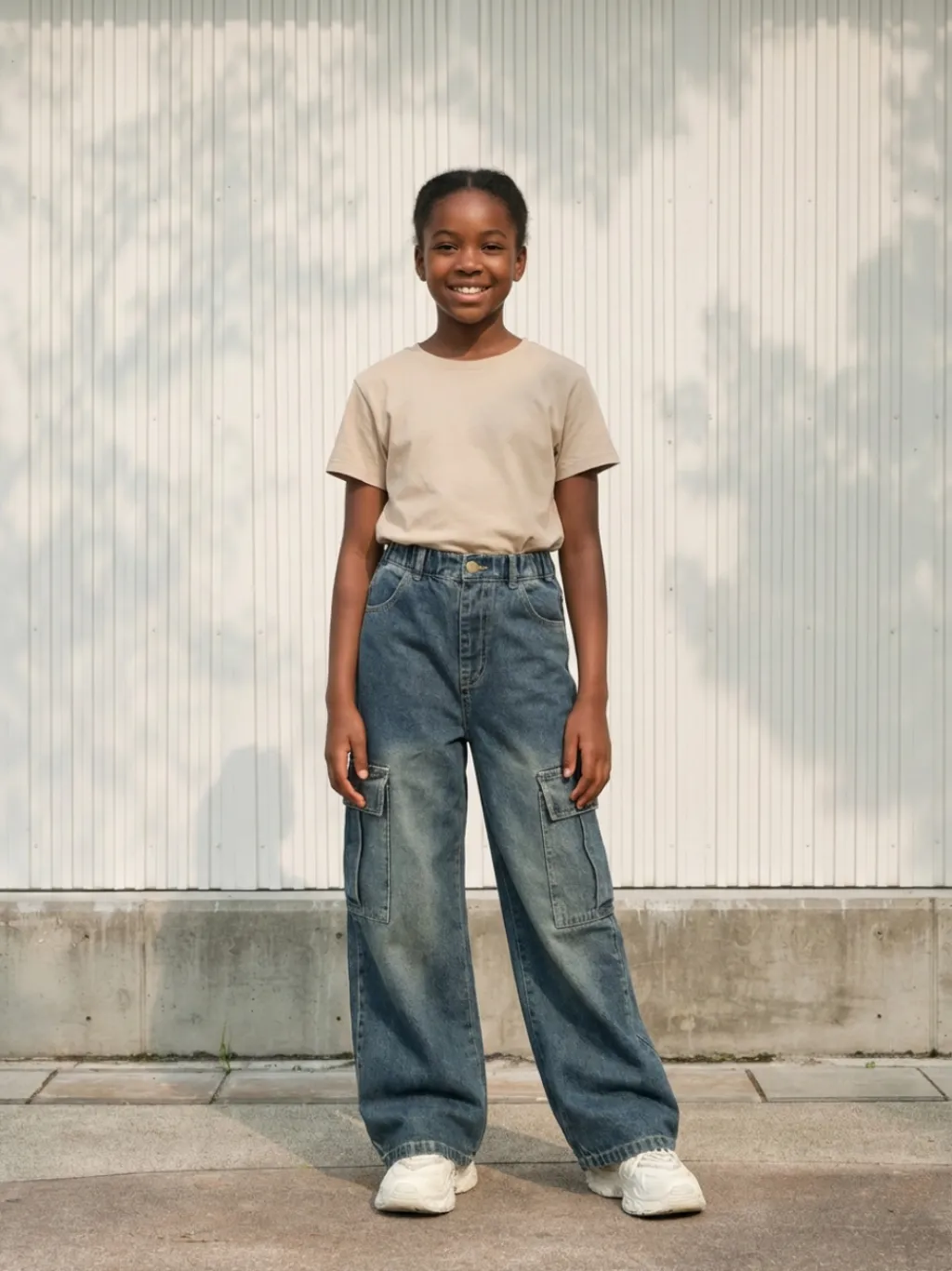 Girls' Washed Blue Vintage-Inspired Cargo Jeans