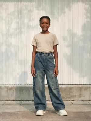 Girls' Washed Blue Vintage-Inspired Cargo Jeans — view 1