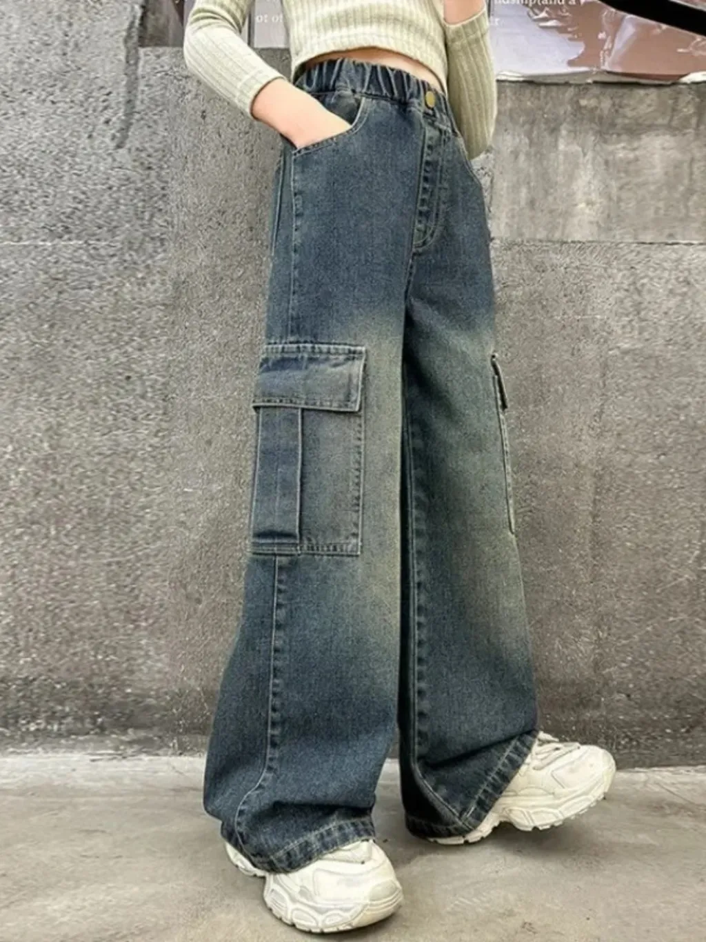 Girls' Washed Blue Vintage-Inspired Cargo Jeans — a pair designed to be worn everywhere