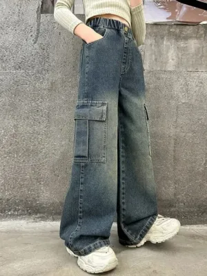 Girls' Washed Blue Vintage-Inspired Cargo Jeans — view 2