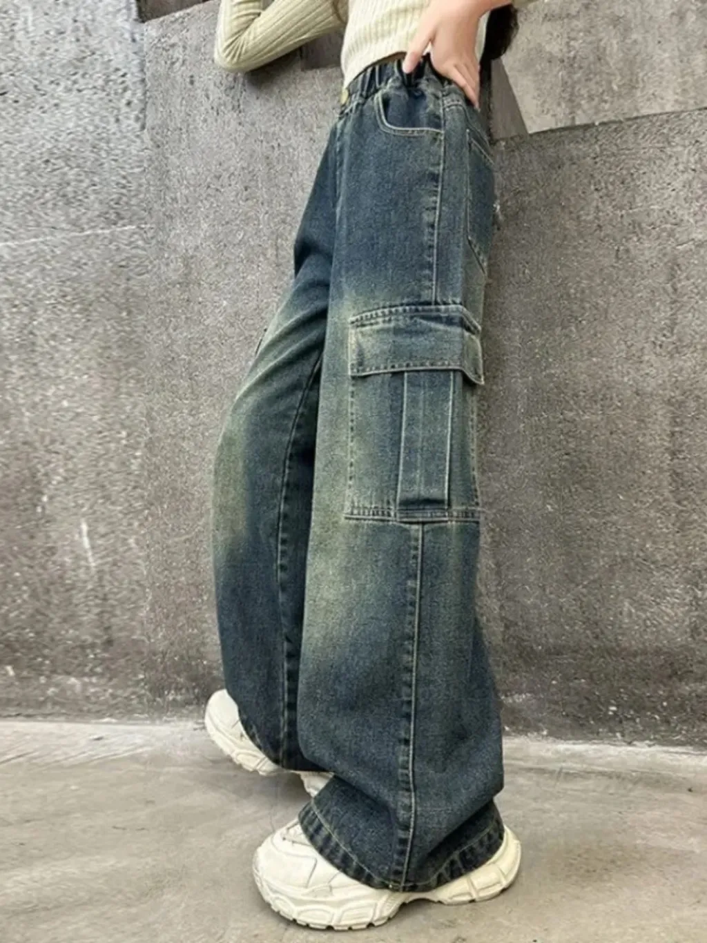 Girls' Washed Blue Vintage-Inspired Cargo Jeans — quality denim, made to last