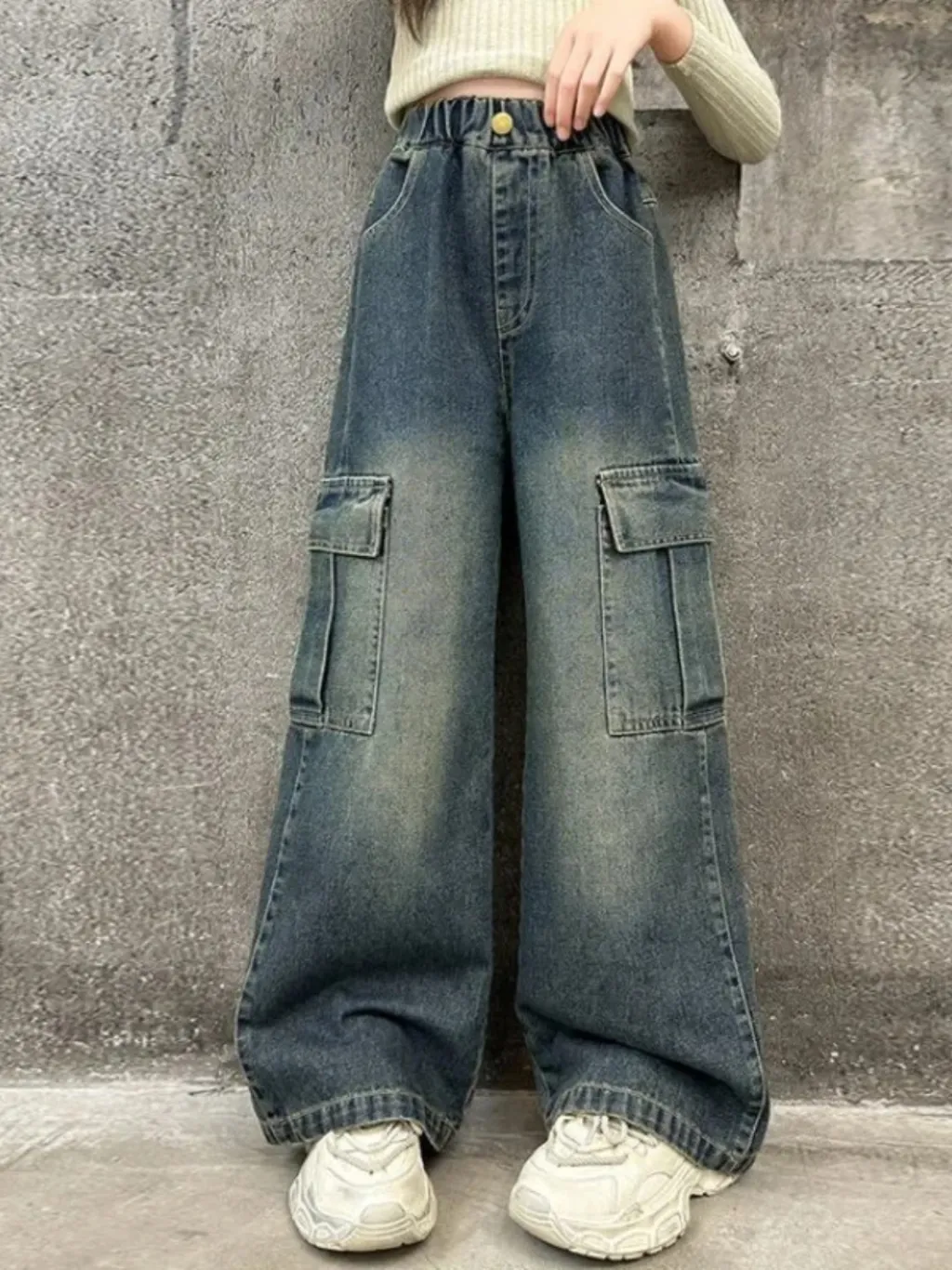 Girls' Washed Blue Vintage-Inspired Cargo Jeans — endless ways to style it