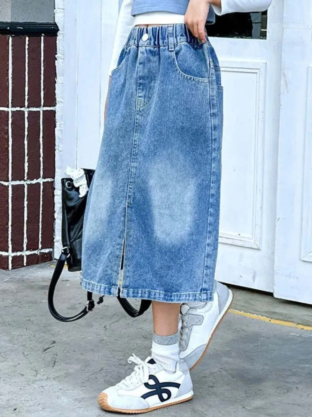 Girls' Washed Denim Skirt with Elasticated Waist — quality denim, made to last