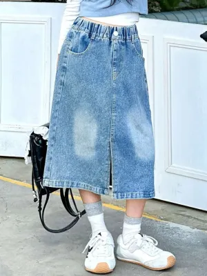 Girls' Washed Denim Skirt with Elasticated Waist — view 5