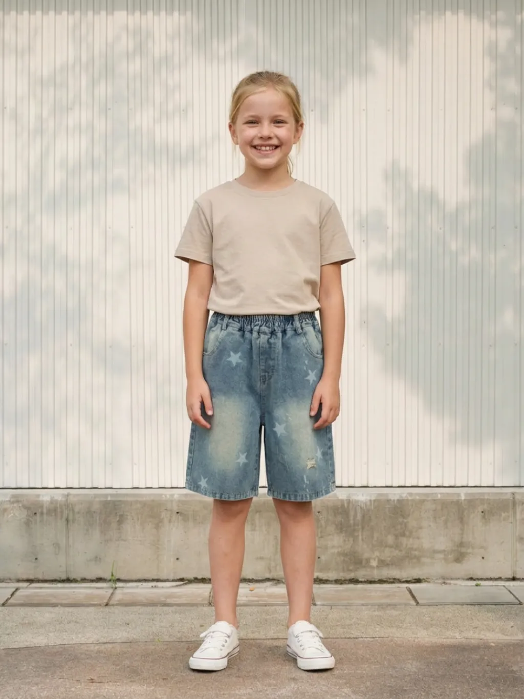 Girls' Washed Denim Bermuda Shorts with Star Motif