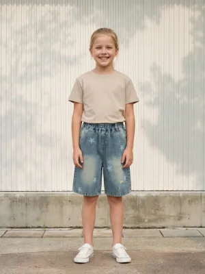 Girls' Washed Denim Bermuda Shorts with Star Motif — view 1