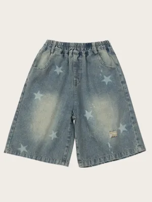 Girls' Washed Denim Bermuda Shorts with Star Motif — view 2
