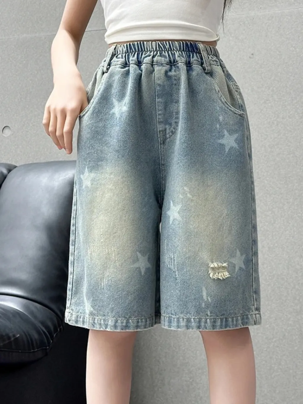 Girls' Washed Denim Bermuda Shorts with Star Motif — quality denim, made to last