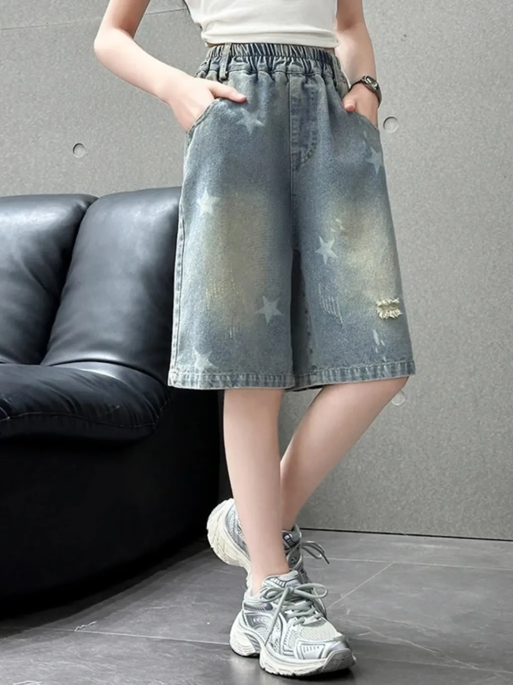 Girls' Washed Denim Bermuda Shorts with Star Motif — endless ways to style it