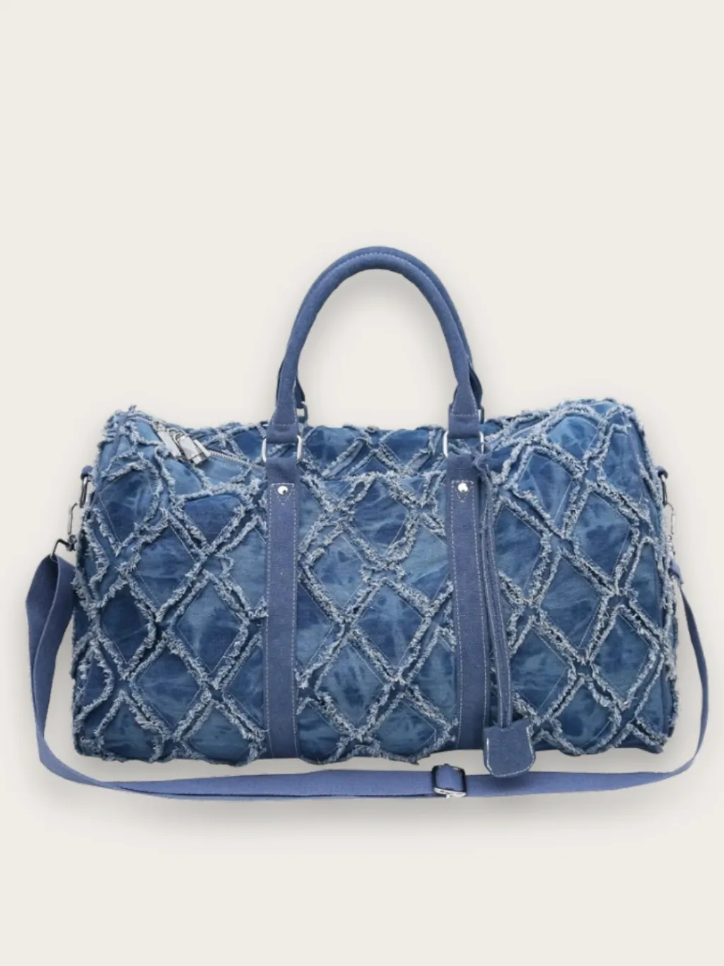 Large Denim Weekend Bag with Frayed Diamond Pattern