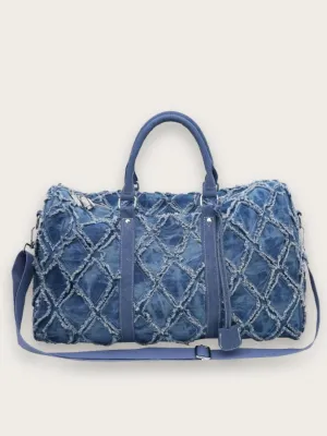 Large Denim Weekend Bag with Frayed Diamond Pattern — view 1