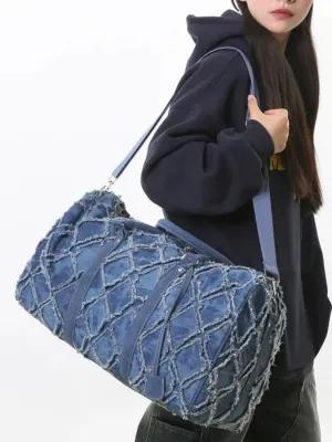 Large Denim Weekend Bag with Frayed Diamond Pattern — view 2
