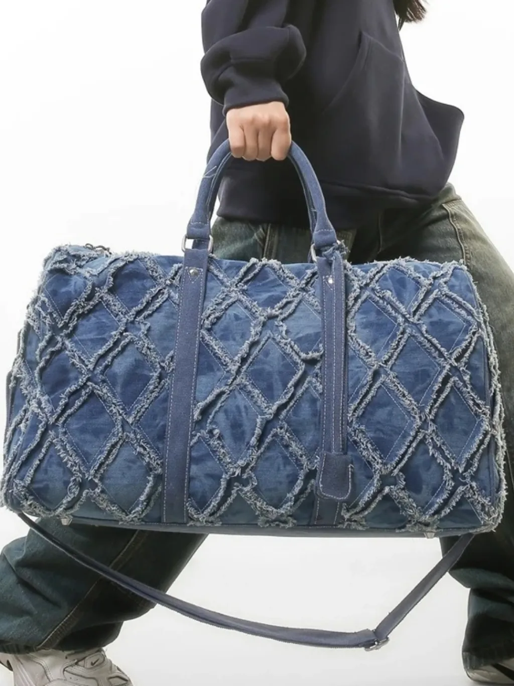 Large Denim Weekend Bag with Frayed Diamond Pattern — quality denim, made to last