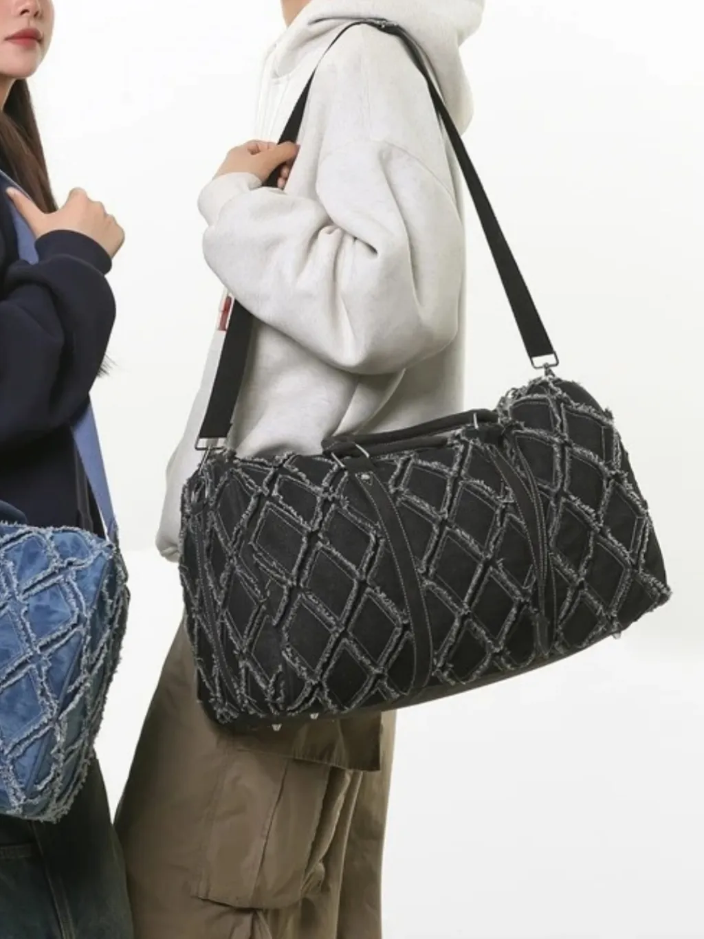 Large Denim Weekend Bag with Frayed Diamond Pattern — endless ways to style it