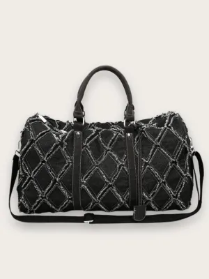 Large Denim Weekend Bag with Frayed Diamond Pattern — view 5