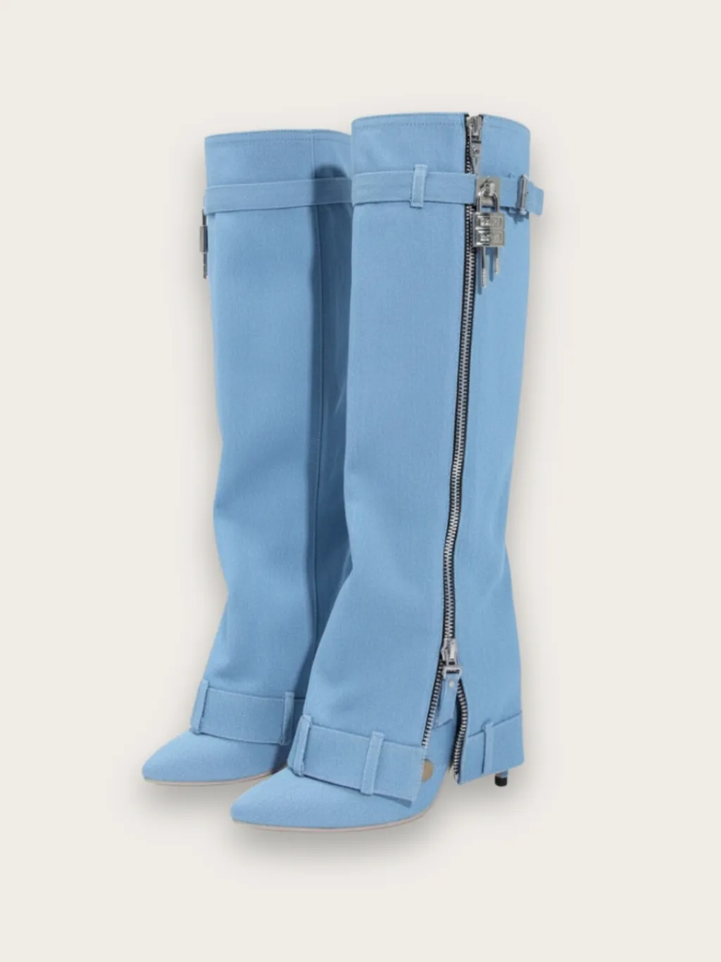 Light Blue Denim Boots with Zip and Straps