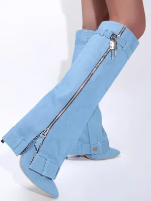 Light Blue Denim Boots with Zip and Straps — view 2