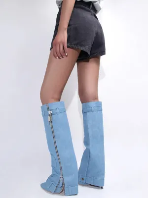 Light Blue Denim Boots with Zip and Straps — view 3